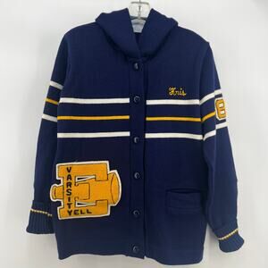 Vintage 80s Allion Varsity Yell Hooded Cardigan Navy Yellow USA 1989 Patch Rare